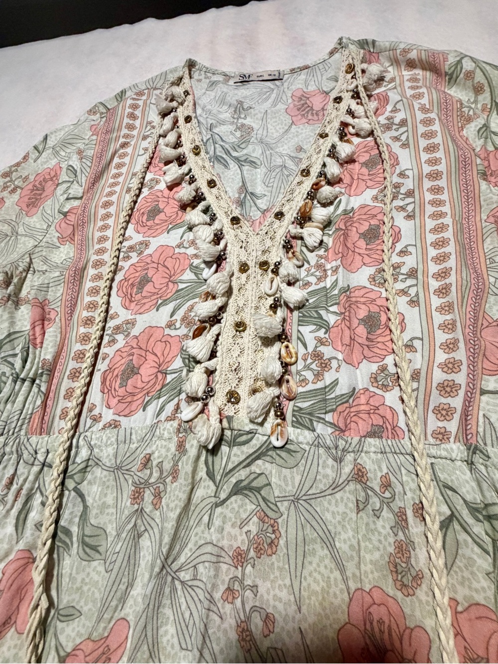FLAW-SVF Boho Floral Tiered Maxi Dress Cowrie Shell V- Neck Size L / UK 12/US 8 - Picture 5 of 10